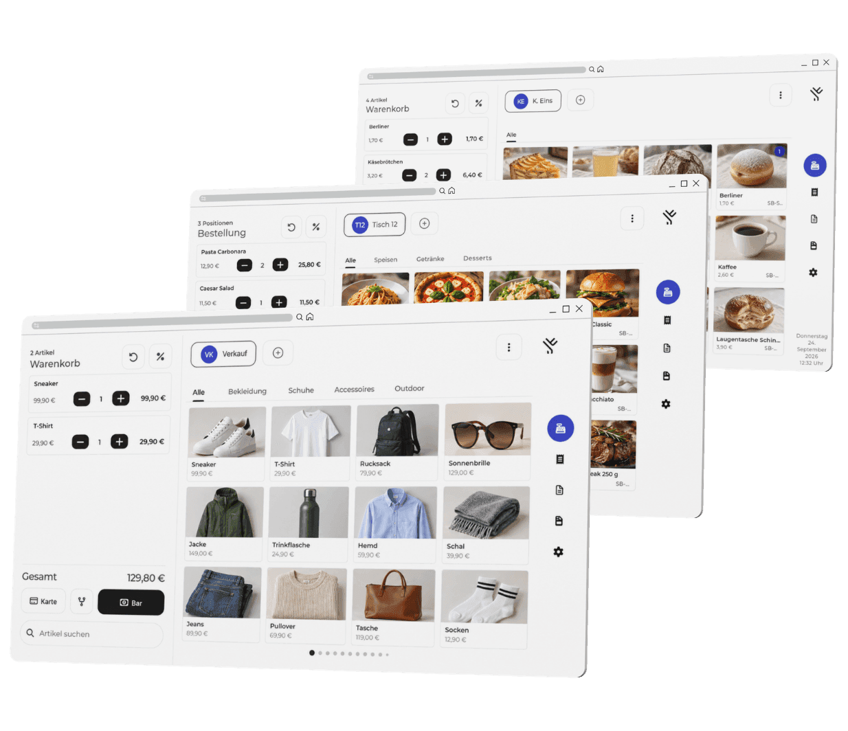 Overlapping browser windows display clothing and food items in a product catalog interface.
