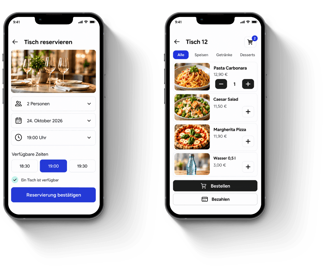 Smartphone screens displaying a restaurant app for table reservations and food ordering options.
