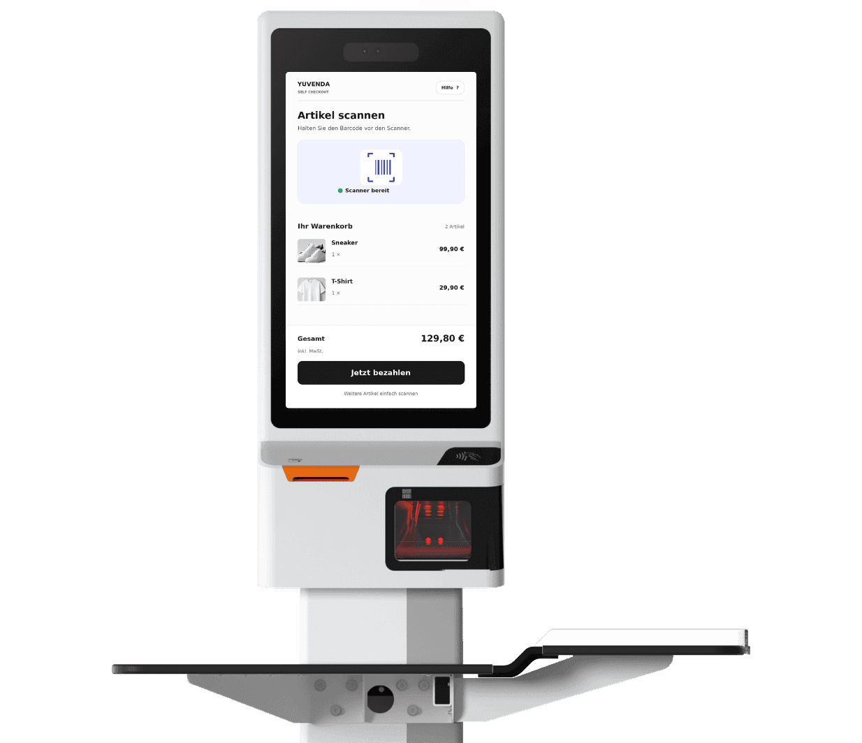 A white self-service payment kiosk with a touchscreen displaying account verification and a QR code.