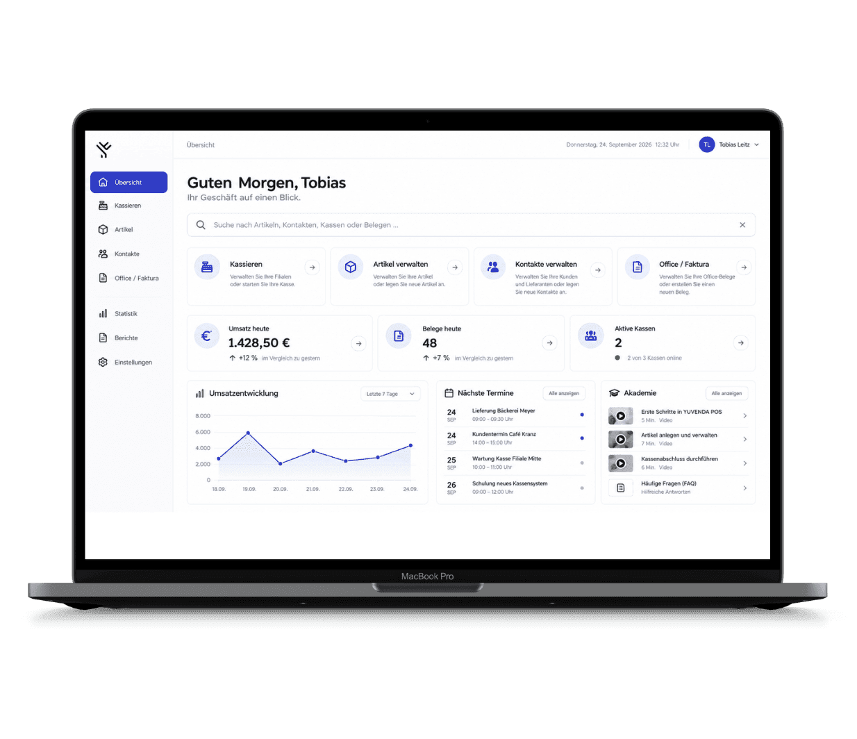 Laptop screen shows a modern dashboard with financial metrics, charts, and an activity log.